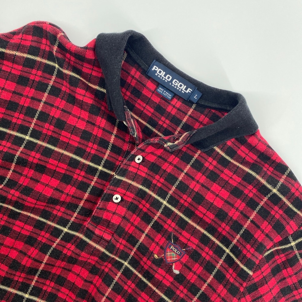 VTG Polo Golf Ralph Lauren Polo Shirt Mens Large Tartan Plaid Crest Golf 90s